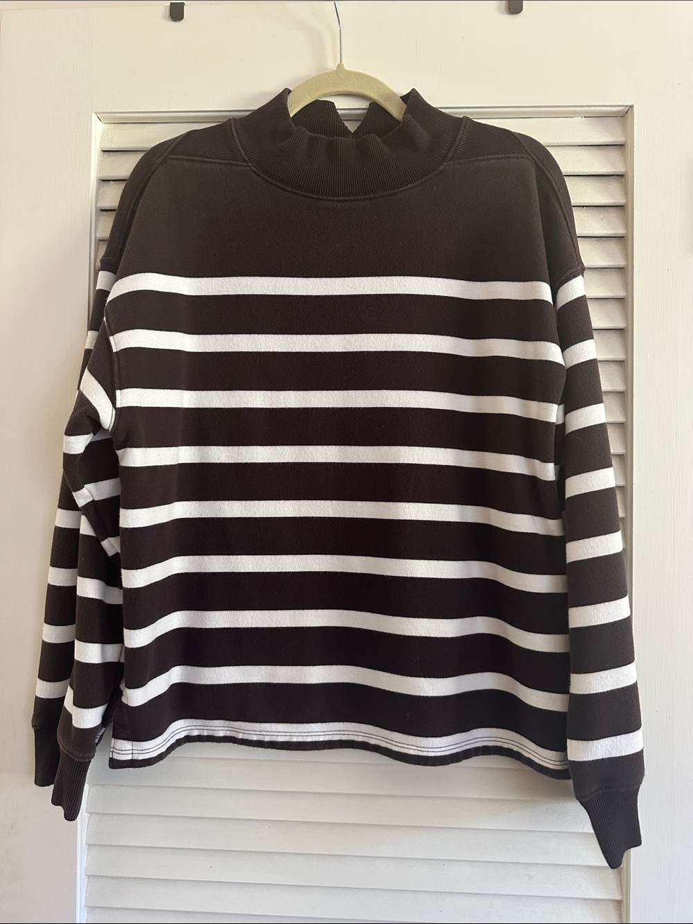 Madewell Chocolate Brown and White Striped Mock-Neck Sweatshirt